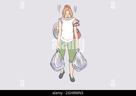 Transport de sacs lourds fatigue concept. Jeune femme fatiguée épuisé personnage de dessin animé portant beaucoup de sacs lourds de shopping plein de nourriture de l'illustration vectorielle de supermarché Illustration de Vecteur