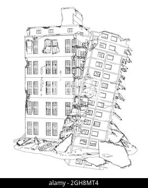 Contour d'un bâtiment détruit à partir de lignes noires isolées sur fond blanc. Illustration vectorielle. Illustration de Vecteur