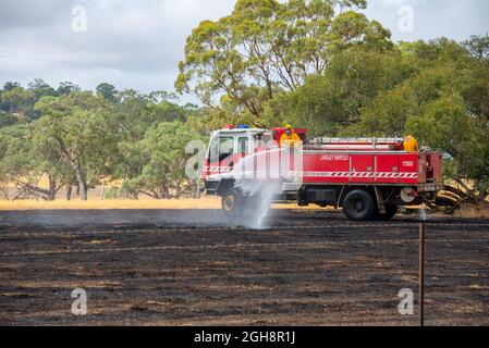 Un appareil d'incendie mettant un feu d'herbe, Langley Barfold, Victoria, Australie. Banque D'Images