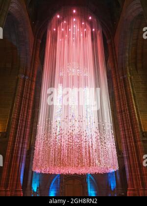 Installation artistique de Pink Peace Doves par Peter Walker accroché à la cathédrale de Liverpool, en Angleterre Banque D'Images