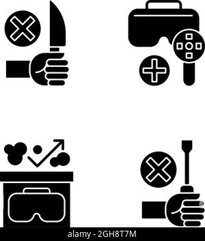Guide d'utilisation du casque VR icônes d'étiquette de manuel de glyphe noire placées sur un espace blanc Illustration de Vecteur