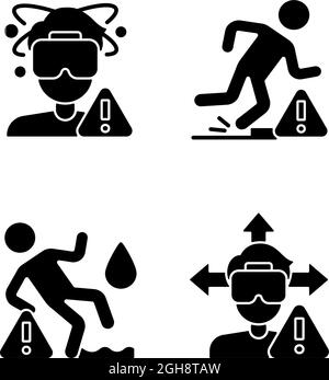 Avertissement du casque VR, glyphe noir, icônes d'étiquette manuelle définies sur un espace blanc Illustration de Vecteur