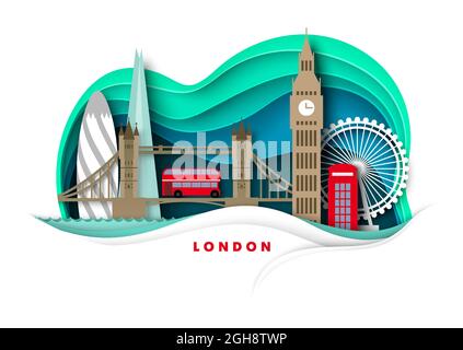 Horizon de Londres, illustration vectorielle coupée en papier. Big Ben, Tower Bridge, Ferris Wheel, monuments célèbres dans le monde entier. Déplacement. Illustration de Vecteur
