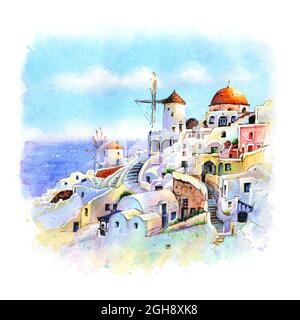 Croquis aquarelle d'Oia sur l'île de Santorin, maisons blanches et moulins à vent au coucher du soleil, Grèce Banque D'Images