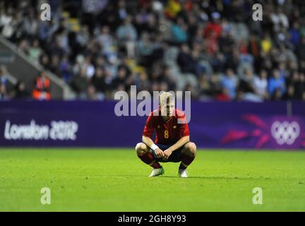 Iker muniain d'Espagne est abattu lors du match des hommes du groupe D du premier tour des Jeux Olympiques de Londres 2012 entre l'Espagne et le Honduras au parc St. James, Newcastle upon Tyne, le 29 juillet 2012. Banque D'Images