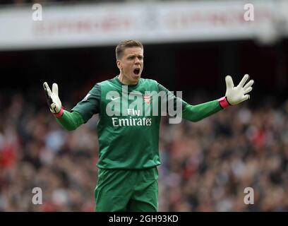 Wojciech Szczesny d'Arsenal célèbre le premier but du match de la Barclays Premier League entre Arsenal et Manchester United au stade Emirates, Londres, le 28 avril 2013. Banque D'Images