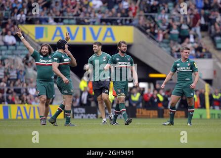 Les Tigres de Leicester célèbrent la victoire lors du match de finale de l'Aviva Premiership entre les Tigers de Leicester et les Saints de Northampton dans le stade de Twickenham, au Royaume-Uni, le 25 mai 2013. Banque D'Images