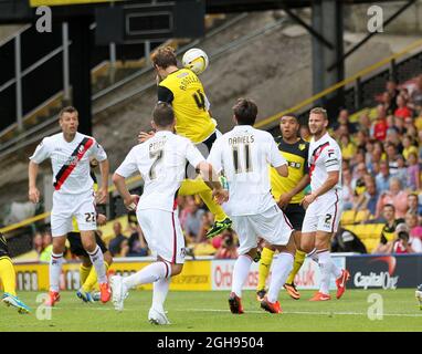 Gabriele Angella de Watford marquant son deuxième but lors du match de championnat Sky Bet entre Watford et AFC Bournemouth qui s'est tenu à Vicarage Road à Watford, au Royaume-Uni, le 10 août 2013. Photo de: David Klein Banque D'Images