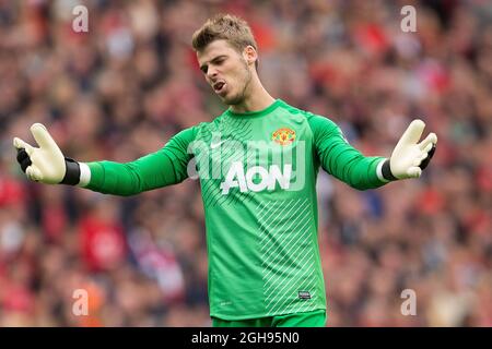 David de Gea de Manchester United semble abattu lors du match de la Barclays Premier League entre Liverpool et Manchester United à l'Anfield à Liverpool le 1er septembre 2013. . Banque D'Images