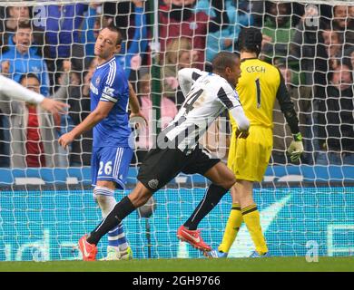 Loic Remy, de Newcastle United, célèbre le deuxième but alors que John Terry, de Chelsea, semble abattu lors du match de la Barclays Premier League entre Newcastle United et Chelsea, qui s'est tenu au St James' Park à Newcastle, en Angleterre, le 2 novembre 2013. Photo de: Simon Bellis. Banque D'Images