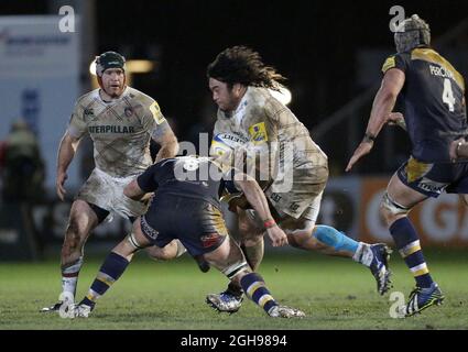 Logovi'i Mulipola de Leicester Tigers sur l'attaque lors du match de rugby Aviva Premiership entre Worcester Warriors et Leicester Tigers qui s'est tenu au Sixways Stadium de Worcester, Royaume-Uni, le 7 février 2014. Banque D'Images