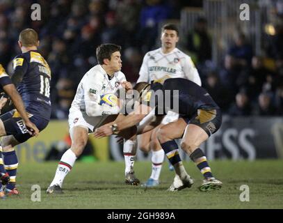 Anthony Allen, de Leicester Tigers, a été attaqué lors du match de rugby Aviva Premiership entre Worcester Warriors et Leicester Tigers qui s'est tenu au Sixways Stadium de Worcester, Royaume-Uni, le 7 février 2014. Banque D'Images