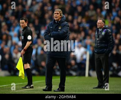 Manuel Pellegrini directeur de Manchester City Barclays Premier League match entre Manchester City et Aston Villa au Etihad Stadium de Manchester, Royaume-Uni, le 7 mai 2014. Photo Simon Bellis. Banque D'Images