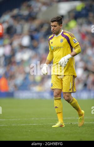 Dejection pour le gardien de but de West Bromwich Albion Ben Foster, qui a fumeré un coup de Kevin Mirallas pour le deuxième but du match d'Everton lors de leur match de football de la première Ligue anglaise aux Hawthorns à West Bromwich, centre de l'Angleterre, le 13 septembre 2014. Banque D'Images