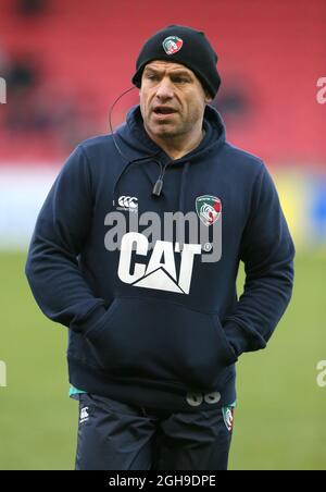 Richard Cockerill entraîneur de Leicester Tigers lors du match Aviva Premiership entre sale Sharks et Leicester Tigers au AJ Bell Stadium, Salford England, le samedi 27 décembre 2014. Simon Bellis Banque D'Images