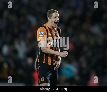 Le gardien de but Michael Dawson, de Hull City, célèbre la victoire entre le match de la Barclays Premier League Hull City et Liverpool au KC Stadium, en Angleterre, le 28 avril 2015. Banque D'Images