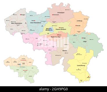carte vectorielle administrative des régions, provinces et districts de belgique Illustration de Vecteur