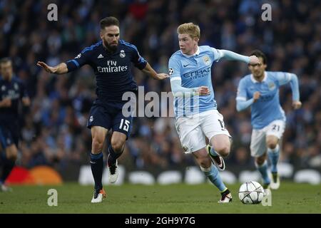 Daniel Carvajal du Real Madrid et Kevin de Bruyne de Manchester City pendant la demi-finale de la Ligue des champions de l'UEFA au stade Etihad. Le crédit photo doit se lire comme suit : Philip Oldham/Sportimage via PA Images Banque D'Images