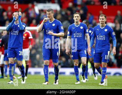 Christian Fuchs, Robert Huth, Andy King et Marc Albrighton de Leicester City lors du match de la Barclays Premier League au stade Old Trafford. Le crédit photo doit se lire comme suit : Simon Bellis/Sportimage via PA Images Banque D'Images