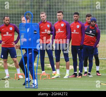 Jordan Henderson, DELE Alli, Marcus Rashford et Danny Rose en action pendant l'entraînement au stade Watford FC Training Ground. Le crédit photo doit être lu : David Klein/Sportimage via PA Images Banque D'Images