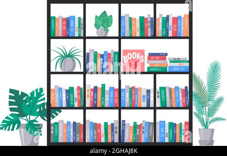 Bibliothèque avec collection de livres sur les étagères. Piles de livres colorés. Intérieur avec plantes de maison. Vecteur Illustration de Vecteur