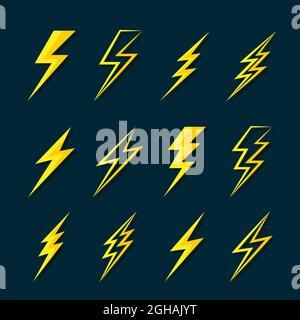Vecteur de tonnerre éclairs icônes plates sur fond bleu foncé. Illustration vectorielle superposée facile à modifier. Illustration de Vecteur