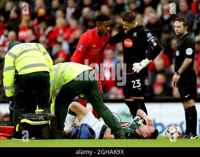 Divock Origi de Liverpool vérifie Gary Miller de Plymouth Argyle à la suite de sa blessure lors du troisième tour de la coupe FA au stade Anfield, à Liverpool. Date de la photo : 8 janvier 2017. Le crédit PIC doit se lire comme suit : Simon Bellis/Sportimage via PA Images Banque D'Images