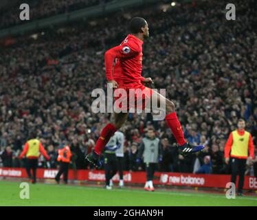 Georgina Wijnaldum, de Liverpool, célèbre le but égalisateur lors du match de la Premier League anglaise au stade Anfield, à Liverpool. Date de la photo : 31 janvier 2017. Photo Simon Bellis/Sportimage via PA Images Banque D'Images