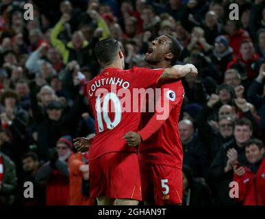 Georgina Wijnaldum, de Liverpool, célèbre le but égalisateur lors du match de la Premier League anglaise au stade Anfield, à Liverpool. Date de la photo : 31 janvier 2017. Photo Simon Bellis/Sportimage via PA Images Banque D'Images