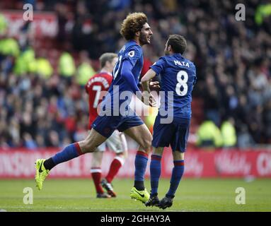 Mauroane Fellaini de Manchester United célèbre son but avec Juan Mata de Manchester United lors du match de la première Ligue anglaise au stade Riverside, à Middlesbrough. Date de la photo : 19 mars 2017. Le crédit PIC doit se lire comme suit : Simon Bellis/Sportimage via PA Images Banque D'Images