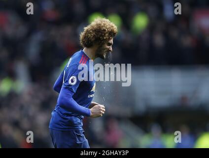 Mauroane Fellaini de Manchester United fait des tubas comme un taureau alors qu'il célèbre le premier but lors du match de la Premier League anglaise au stade Riverside, à Middlesbrough. Date de la photo : 19 mars 2017. Le crédit PIC doit se lire comme suit : Simon Bellis/Sportimage via PA Images Banque D'Images