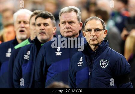 Martin O'Neill, directeur de la République d'Irlande, avec Roy Keane, et son personnel d'entraînement lors du qualification de la coupe du monde du Groupe D au stade Aviva, à Dublin. Date de la photo : 24 mars 2017. Le crédit PIC doit être lu : Matt McNulty/Sportimage via PA Images Banque D'Images