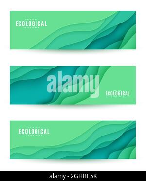 Collection de trois prospectus horizontaux abstraits en papier découpé. Jeu de modèles d'onde verte pour sauver l'environnement écologique des affiches de la Terre Illustration de Vecteur