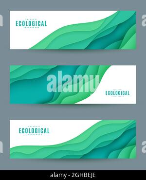 Collection de trois prospectus horizontaux abstraits en papier découpé. Jeu de modèles d'onde verte pour sauver l'environnement écologique des affiches de la Terre Illustration de Vecteur