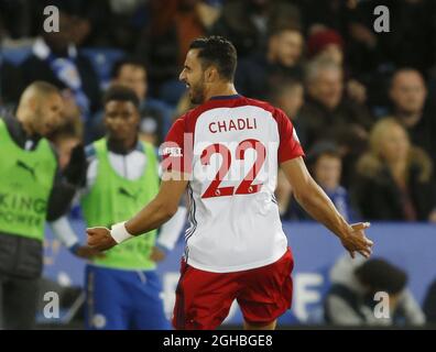 Nacer Chadli de West Bromwich Albion célèbre le premier but du match de première ligue au King Power Stadium de Leicester. Photo date 16 octobre 2017. Le crédit photo doit se lire comme suit : Simon Bellis/Sportimage via PA Images Banque D'Images