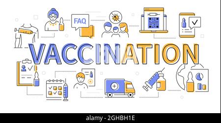 Vaccination - jeu d'icônes de style moderne. Sélection jaune et bleue d'images sur fond blanc. Problème mondial, pandémie, sécurité, santé Illustration de Vecteur