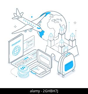 Trajet - illustration isométrique avec lignes noires et jaunes. Des œuvres d'art épurée et élégantes au design fin. Planification de vacances ou de vols vers un autre pays. Air Illustration de Vecteur