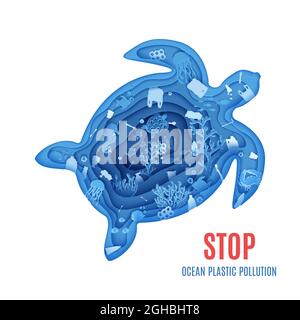 Silhouette d'une tortue coupée en papier et bannière de pollution de l'océan. Artisanat sous l'océan profonde grotte avec déchets en plastique. Bande dessinée marine PaperCut Illustration de Vecteur