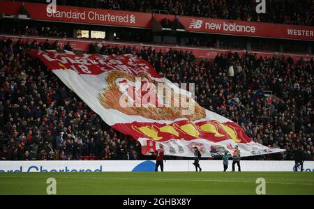 Les fans de Liverpool ont défait une bannière lors du match de première ligue à l'Anfield Stadium, à Liverpool. Photo date 4 février 2018. Le crédit photo doit se lire comme suit : Simon Bellis/Sportimage via PA Images Banque D'Images