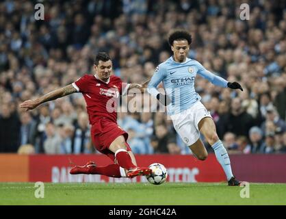 Leory Sane de Manchester City se heurte à Dejan Lovren de Liverpool lors du 2e match de la finale du quart de la Ligue des Champions au Etihad Stadium de Manchester. Date de la photo : 10 avril 2018. Le crédit photo doit être lu : David Klein/Sportimage via PA Images Banque D'Images