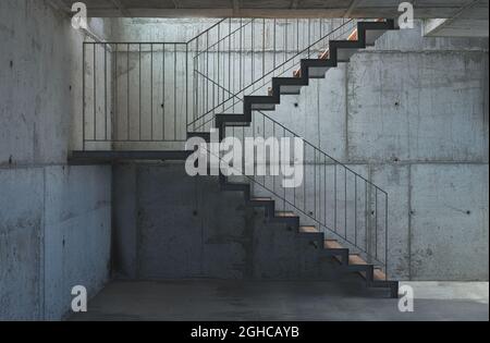 détail des escaliers en métal et en bois dans une construction en béton forgé Banque D'Images