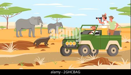 Safari voyage aventure en Afrique savane paysage sauvage, les gens voyageant sur la jeep Illustration de Vecteur