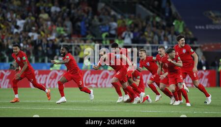 Les joueurs d'Angleterre célèbrent la victoire de la coupe du monde de la FIFA lors du match de la coupe du monde 2018 Round of 16 au Spartak Stadium, à Moscou. Photo date 3 juillet 2018. Le crédit photo doit être lu : David Klein/Sportimage via PA Images Banque D'Images