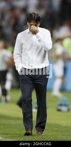 Le responsable croate de Zlatco Dalic semble inquiet lors du match de demi-finale de la coupe du monde de la FIFA 2018 au stade Luzhniki, à Moscou. Photo le 11 juillet 2018. Le crédit photo doit être lu : David Klein/Sportimage via PA Images Banque D'Images