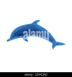 Silhouette d'un dauphin sautant coupée en papier. Elément PaperCut 3d marine. Grotte marine artisanale de couleur bleue. Vector Journée mondiale de l'océan Illustration de Vecteur