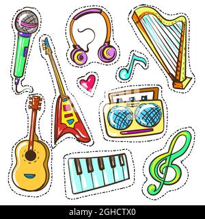 Ensemble d'instruments de musique vectoriels en couleur dessinés à la main Illustration de Vecteur