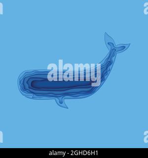 Silhouette d'un de cachalot coupé en papier. PaperCut élément 3d vie marine. Grotte marine artisanale de couleur bleue. Vector Journée mondiale de l'océan Illustration de Vecteur