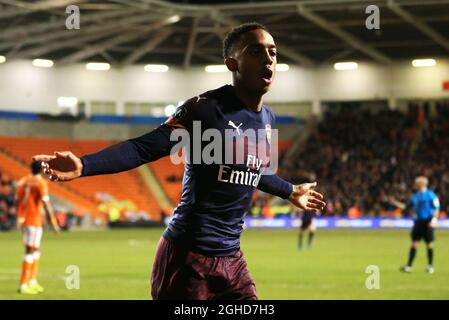 Joe Willock d'Arsenal célèbre après avoir obtenu le premier but de son équipe lors de la coupe Emirates FA, troisième manche du match à Bloomfield Road, Blackpool. Date de la photo : 5 janvier 2019. Le crédit d'image devrait se lire: Matt McNulty/Sportimage via PA Images Banque D'Images