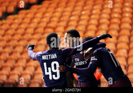 Joe Willock d'Arsenal célèbre après avoir obtenu le premier but de son équipe lors de la coupe Emirates FA, troisième manche du match à Bloomfield Road, Blackpool. Date de la photo : 5 janvier 2019. Le crédit d'image devrait se lire: Matt McNulty/Sportimage via PA Images Banque D'Images