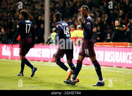 Joe Willock d'Arsenal célèbre après avoir obtenu le premier but de son équipe lors de la coupe Emirates FA, troisième manche du match à Bloomfield Road, Blackpool. Date de la photo : 5 janvier 2019. Le crédit d'image devrait se lire: Matt McNulty/Sportimage via PA Images Banque D'Images